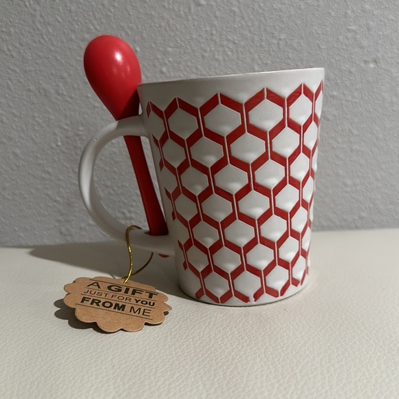 Graydon Hall Red/Salmon Colored Mug with Design And Spoon - Picture 2 of 7